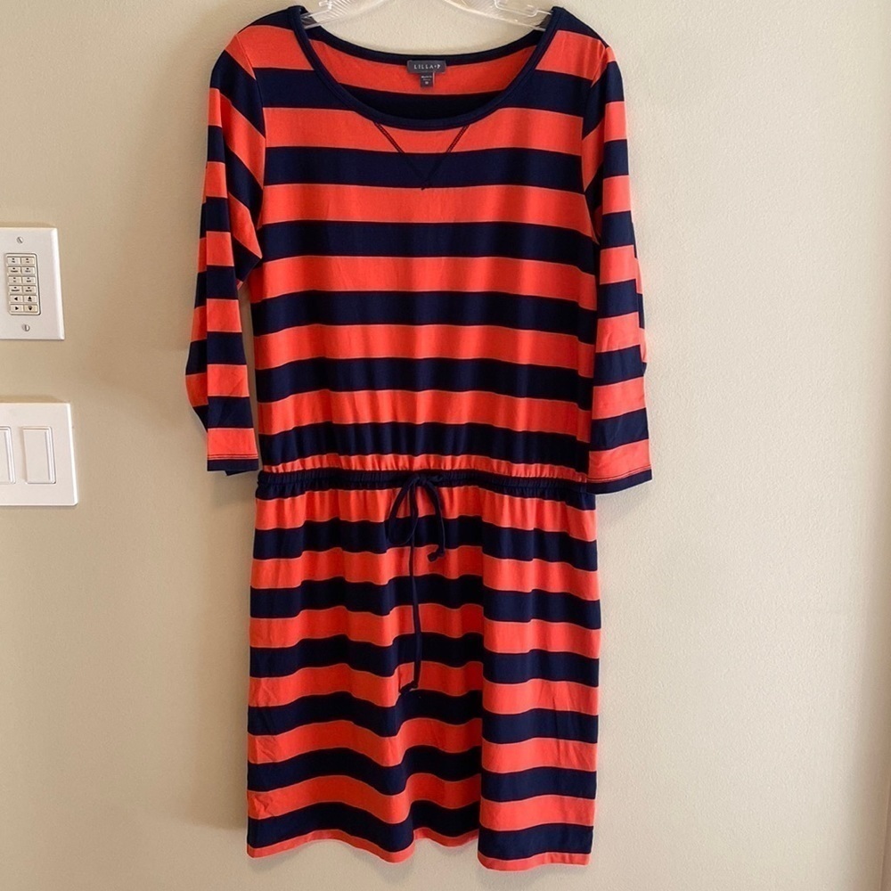 Lilla P Pima Rugby Jersey Scoop Neck Drop Waist Cotton Modal Stripe Dress M